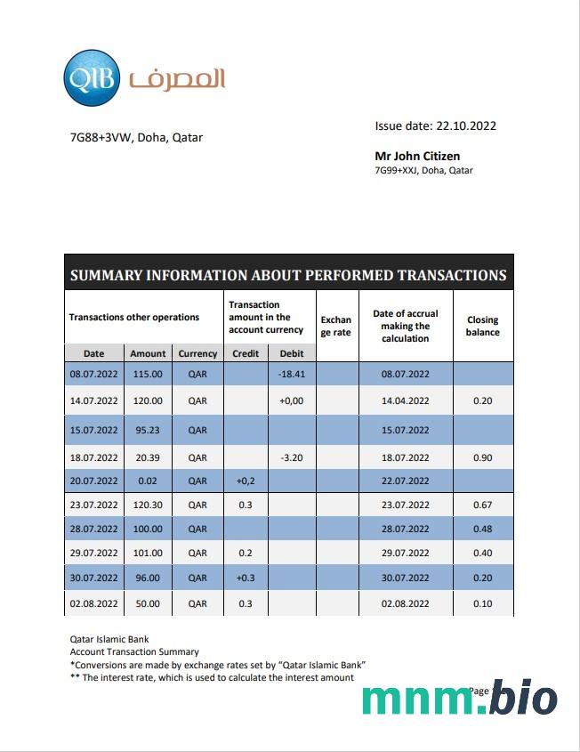 Qatar Qatar Islamic Bank statement xls
